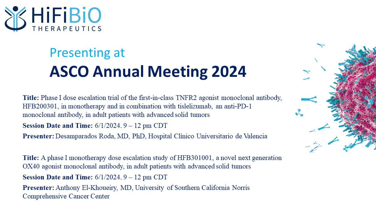 HiFiBiO Therapeutics is excited to announce posters at #ASCO2024 presenting Phase 1 dose escalation data for our first-in-class TNFR2 agonist (HFB200301) and next-generation OX40 agonist (HFB301001) for solid tumors.
hifibio.com/hifibio-therap…