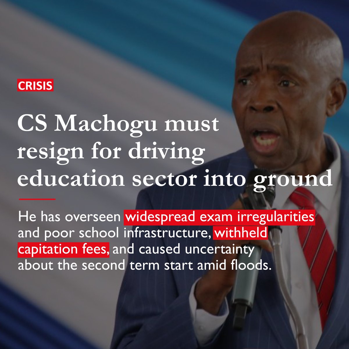 #Statement Kenya's education system is in crisis and Education CS Ezekiel Machogu is “overworking” to drive it into the ground. Elimu Bora Working Group demands CS Machogu‘s resignation. Read More: shorturl.at/abyzW