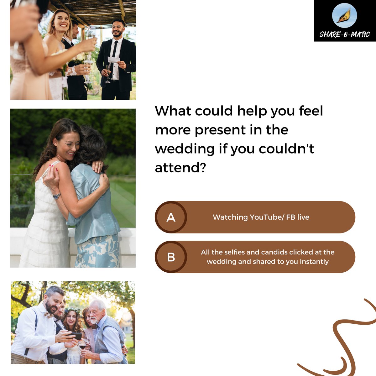 Share_O_Matic's tweet image. Can't join the wedding in person? Choose your favorite way to feel part of the celebration with Share-O-Matic! Vote now:
.
#eventcamera #photosharingapp #PhotoSharing #InstantShare #sharewithfriends #EventEssentials