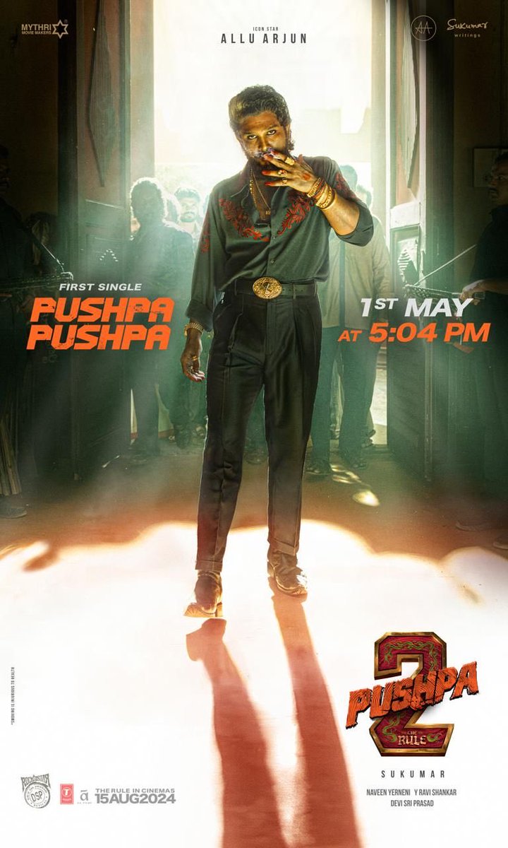 #Pushpa2FirstSingle firing tomorrow at 5.04 PM in Telugu, Hindi, Tamil, Kannada, Malayalam & Bengali ❤️‍🔥 A Rockstar @ThisIsDSP Musical 🎵 #Pushpa2TheRule Grand release worldwide on 15th AUG 2024.