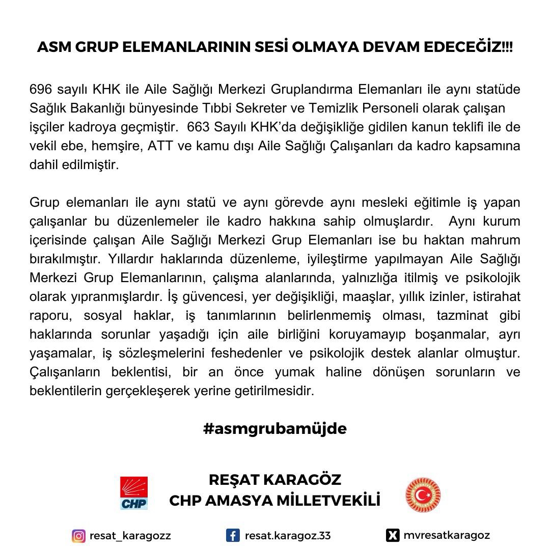 Sayın Vekilimiz @mvresatkaragoz ‘e destekleri için teşekkür ediyoruz. Grup elemanlarına kadro haktır en kısa sürede iş güvencemiz sağlanmalıdır. #asmgrubamüjde @RTErdogan @HMbakanligi @memetsimsek @drfahrettinkoca @saglikbakanligi @csgbakanligi @isikhanvedat @mehmedmus…