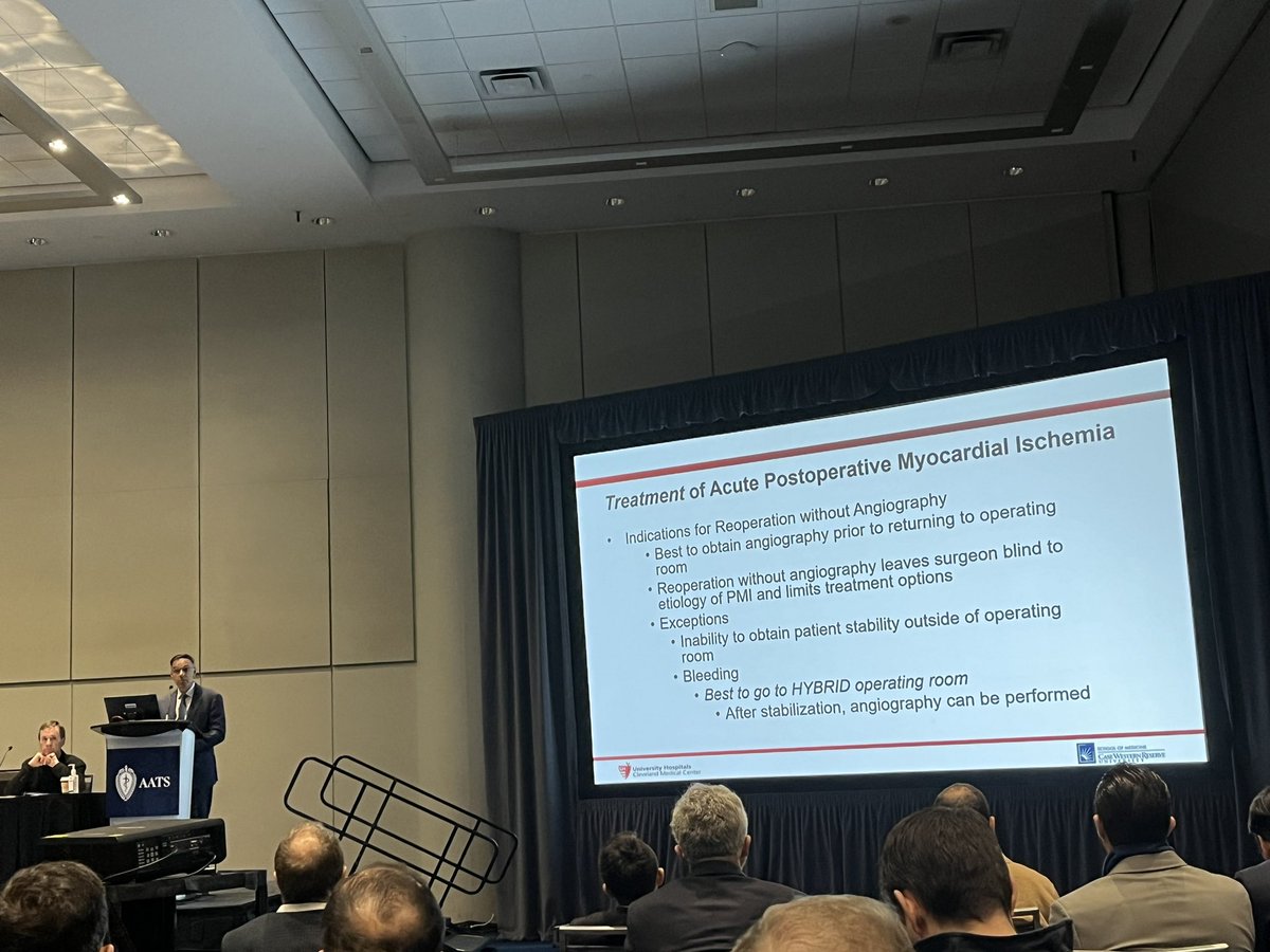 “Pay attention to those not following the typical postoperative course.” 

Excellent and informative presentation from @JoeSabik on post-CABG myocardial ischemia! A multi-disciplinary team is essential for treating this patient population. #AATS2024 @AATSHQ @AATSED @UHSurgeryRes