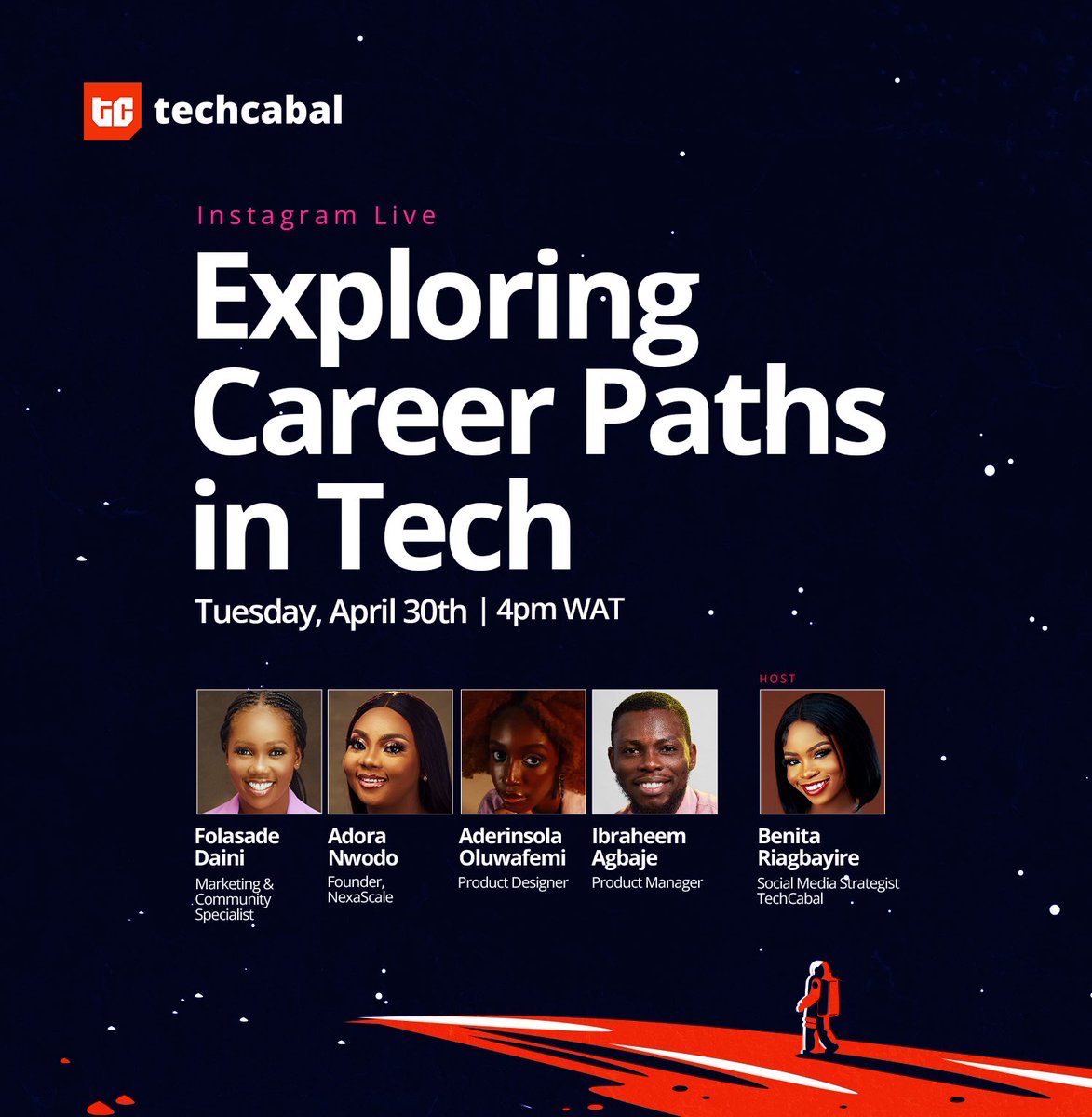 In the next two hours, @folasade_daini, @AdoraNwodo, @Aderinsola_O and @_IbraheemAgbaje will be sharing insights on various career paths in tech and how to do amazing stuff in them. Join with the link below and send to someone who might need this!🚀✨ instagram.com/techcabal?upco…