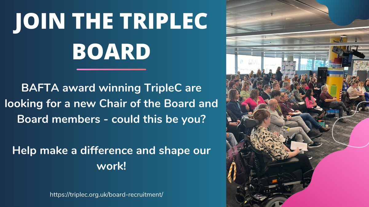 BAFTA award winning TripleC are looking for a new Chair of the Board and Board members - could this be you? Help make a difference and shape our work! Click below to find out what we're seeking and how you can apply. triplec.org.uk/board-recruitm…