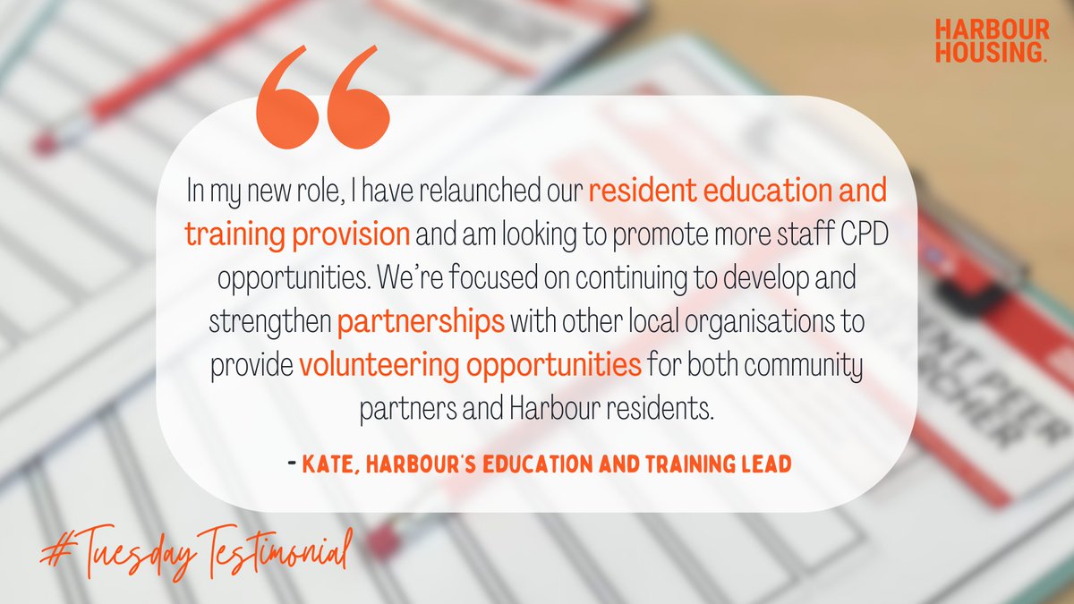 It's time for a #TuesdayTestimonial 💬 This week, hear from Kate on Harbour's relaunched resident education and training provision ✍️ Interested in volunteering with training or education opportunities? Please email kate.a@harbourhousing.com to learn more about how to help 📲