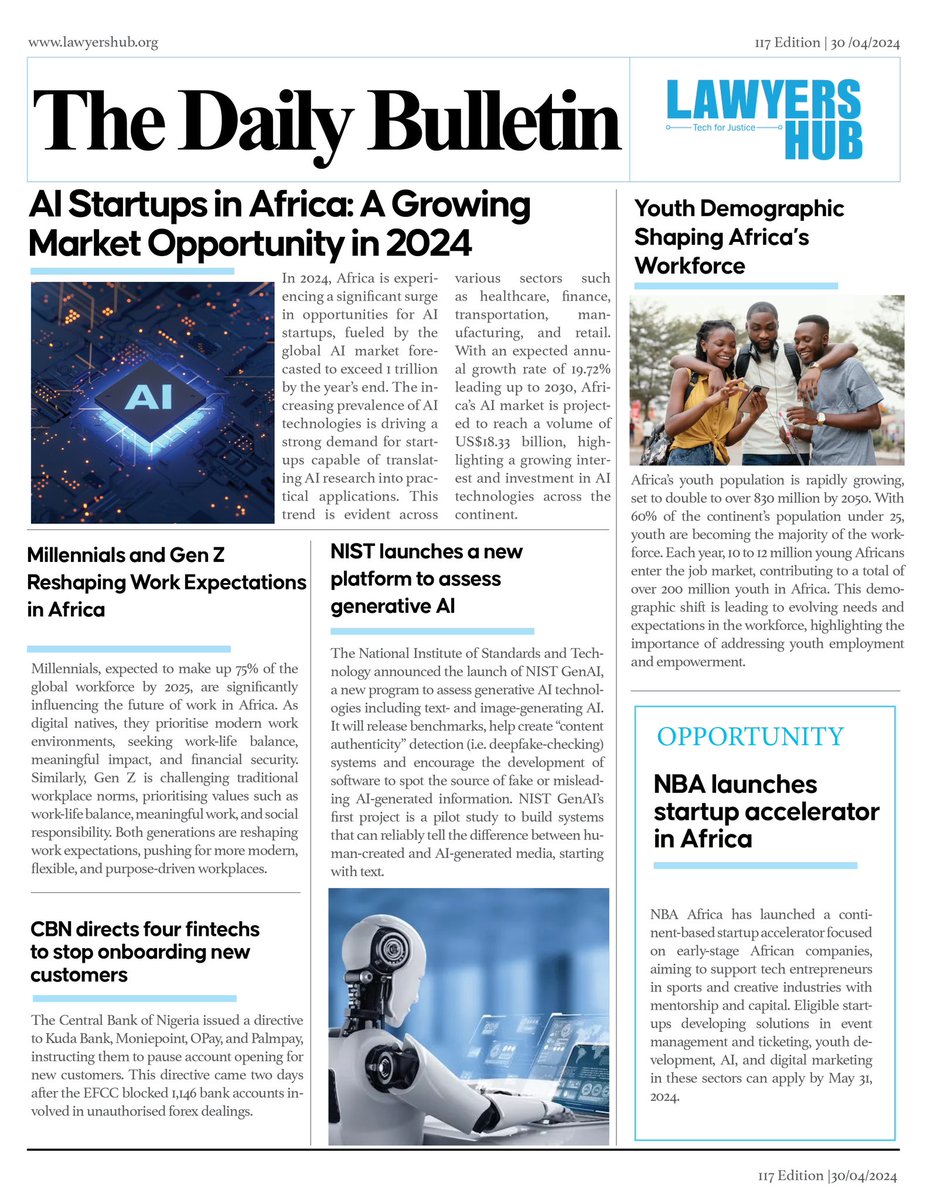 📌AI #startup ecosystem is one of the growing market opportunities in #Africa in 2024, fueled by the global #AI market set to exceed 1 trillion. Catch this and more on today's #DailyBulletin. Don't forget to subscribe to our newsletter for weekly updates! bit.ly/africalawtechr…