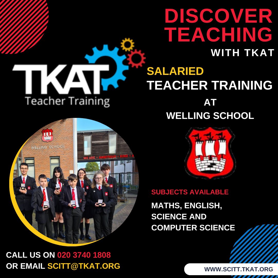 Come and #TraintoTeach with @TKATSCITT in our supportive @TKATAcademies @welling_school school environment.

We have SALARIED vacancies available in #Maths #English #Science #ComputerScience 

#ITT #getintoteaching #teaching #secondaryschool