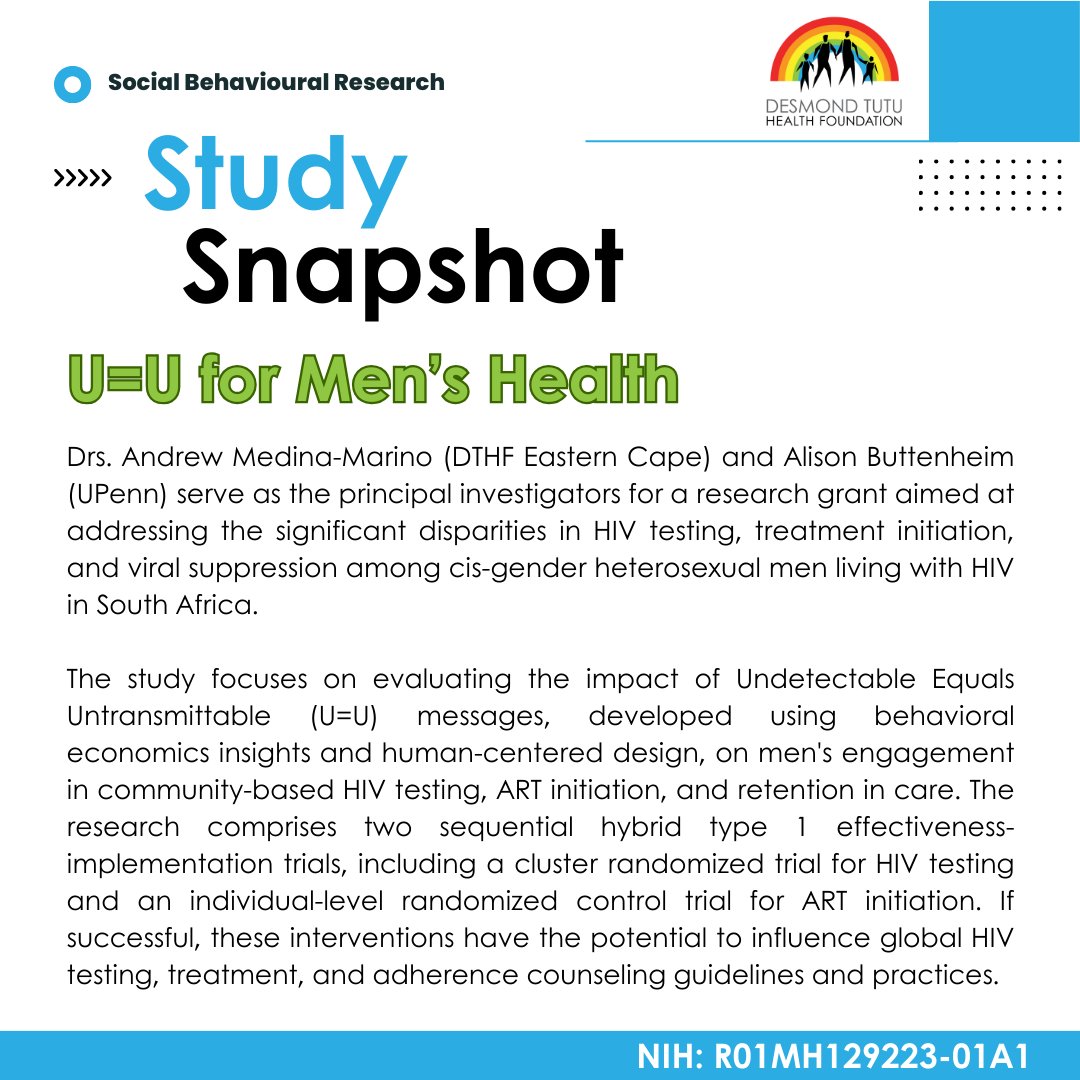 In this week's 'Study Snapshot' we'd like to draw your attention to our ongoing 'U=U for Men's Health' study at our DTHF EC site with @drmedinamarino as project leader and contact PI. Link for the project abstract: bit.ly/4aT1J2z #UequalsU #HIVresearch #ARTadherence