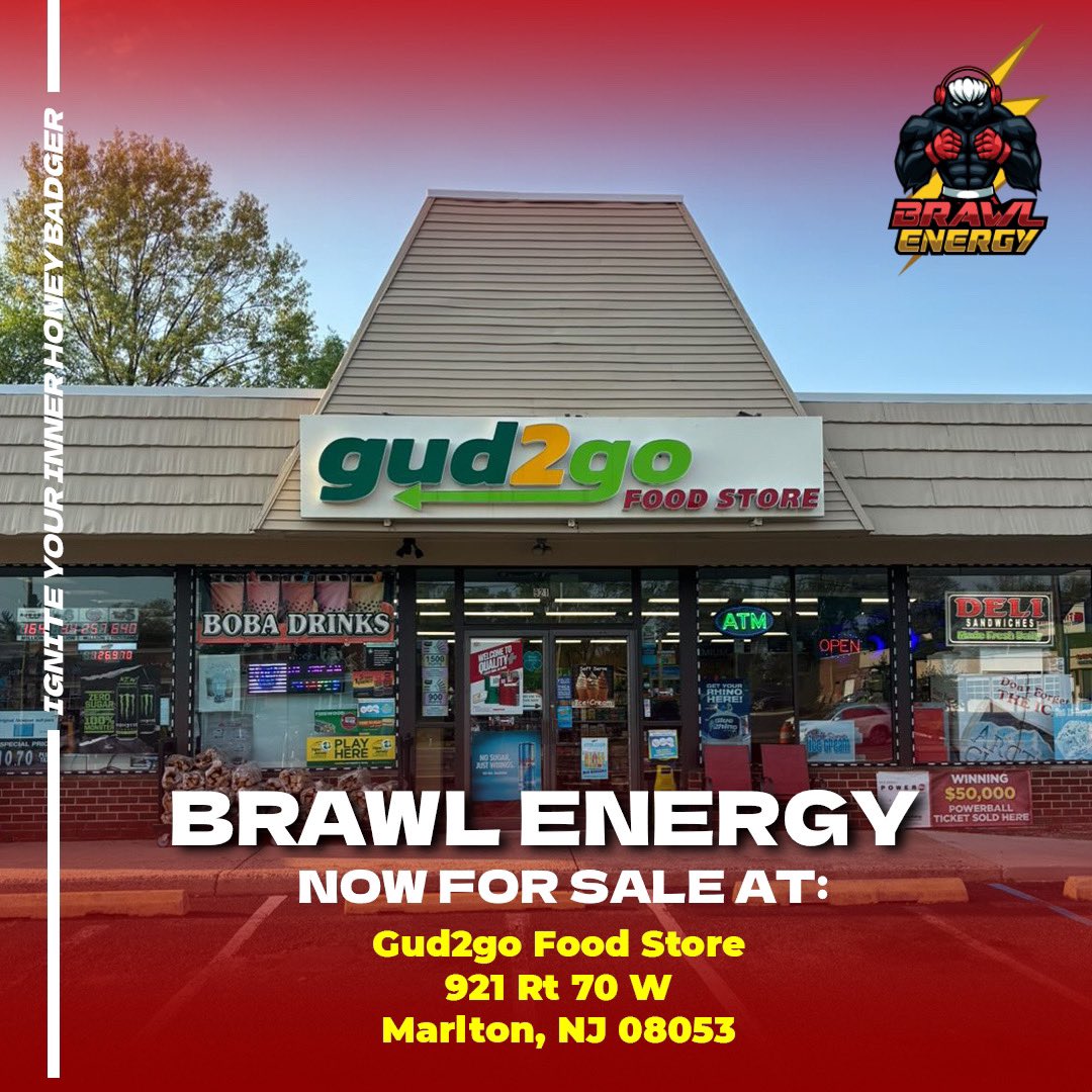 Brawl Energy now for sale at gud2go in #marltonnj. Shoutout to RankedWorldwide (linktr.ee/rankedworldwide) for the hookup! #brawlenergy #energydrink #newlocation
