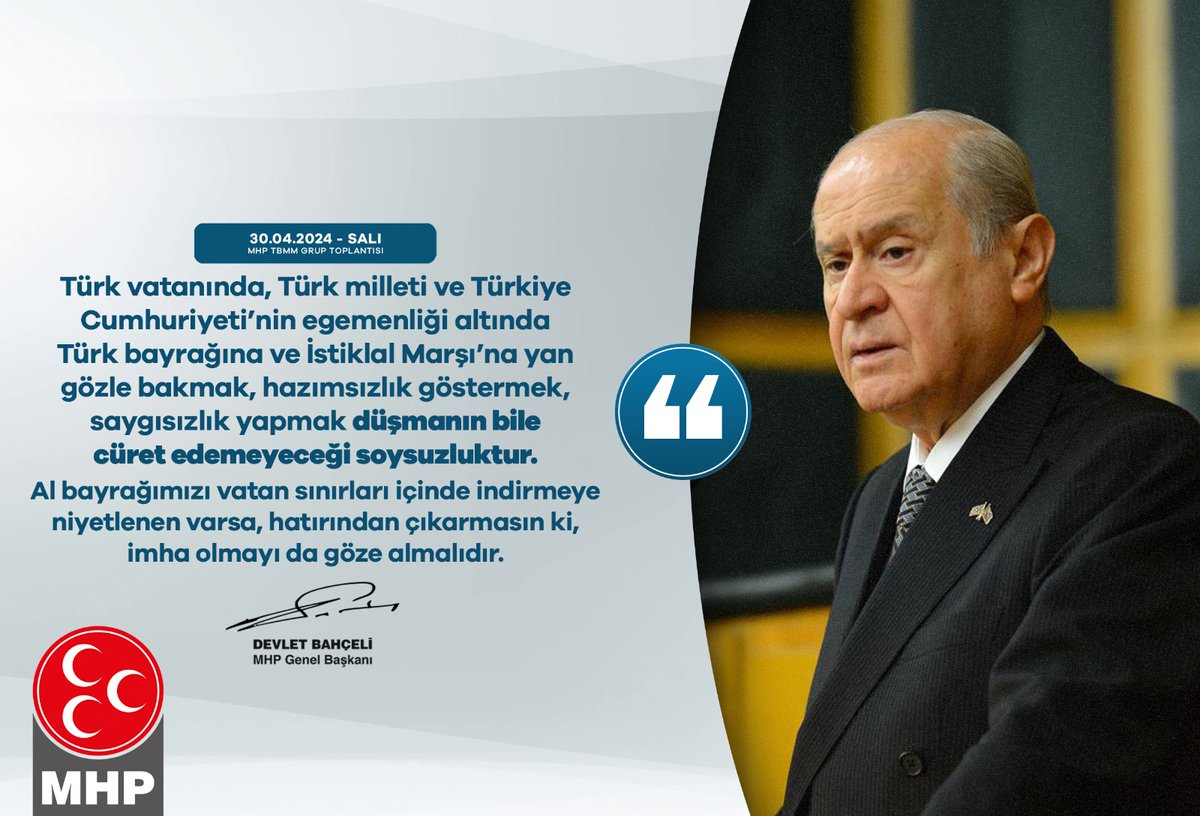 Türk vatanında, Türk milleti ve Türkiye Cumhuriyeti’nin egemenliği altında Türk bayrağına ve İstiklal Marşı’na yan gözle bakmak, hazımsızlık göstermek, saygısızlık yapmak düşmanın bile cüret edemeyeceği soysuzluktur. Al bayrağımızı vatan sınırları içinde indirmeye niyetlenen…