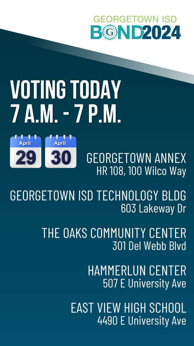Today is your last chance to vote early in Texas. For polling locations and hours, visit georgetownisdbond.org/vote

#2024GISDbond