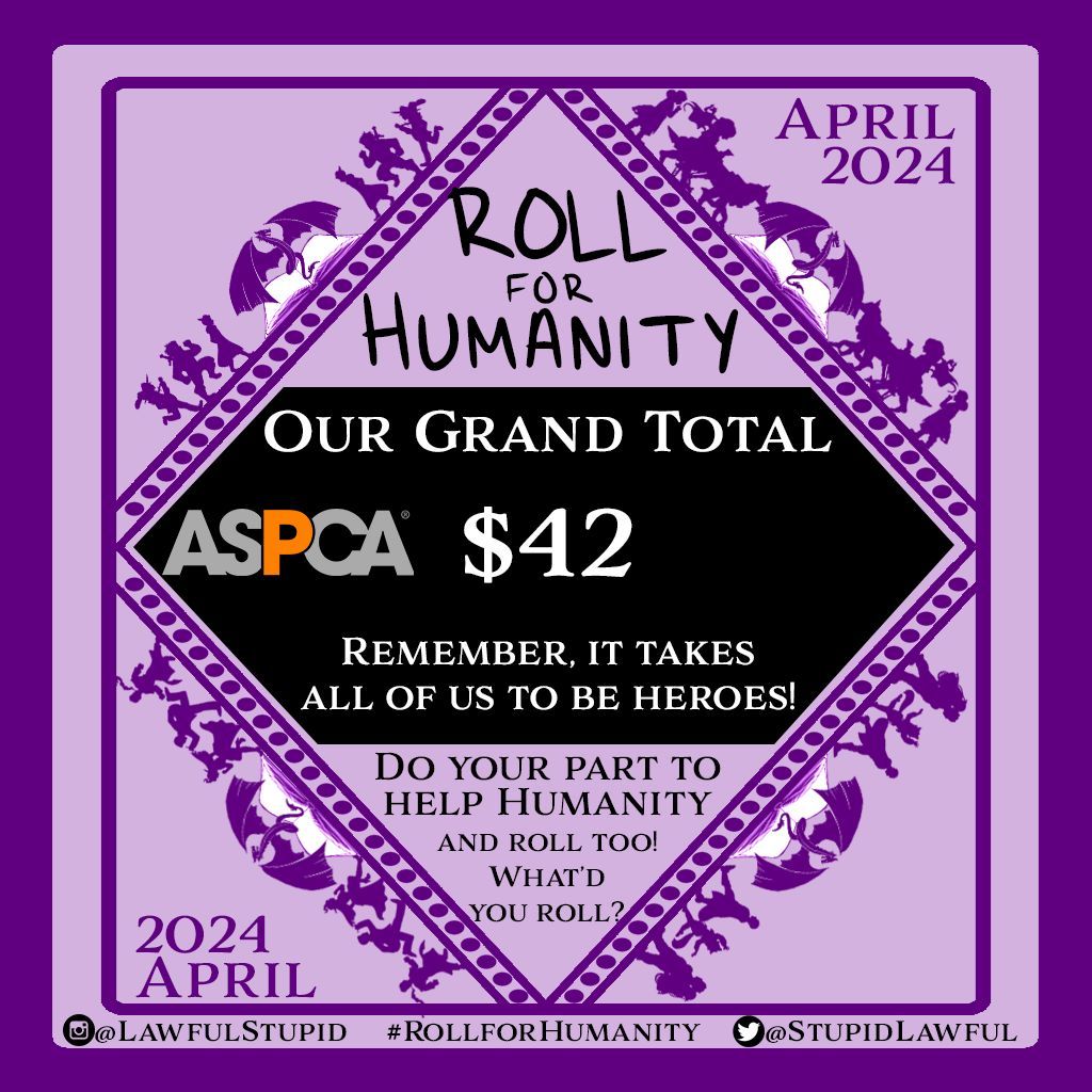 We were so pleased to support the <a href="/aspca/">ASPCA</a> #rollforhumanity we raised $42 with our rolls.

What did you roll?

#dnd #d&amp;d #podcast