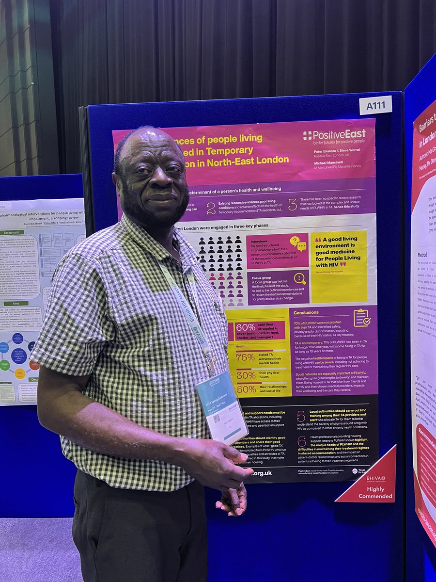 We are all very proud that our poster based on a study led by our @ekakoro_peter about the impact of Temporary Accommodation on the wellbeing of people living with HIV was Highly Commended at #BHIVA24. Thanks to @trustforlondon for funding & supporting this work.