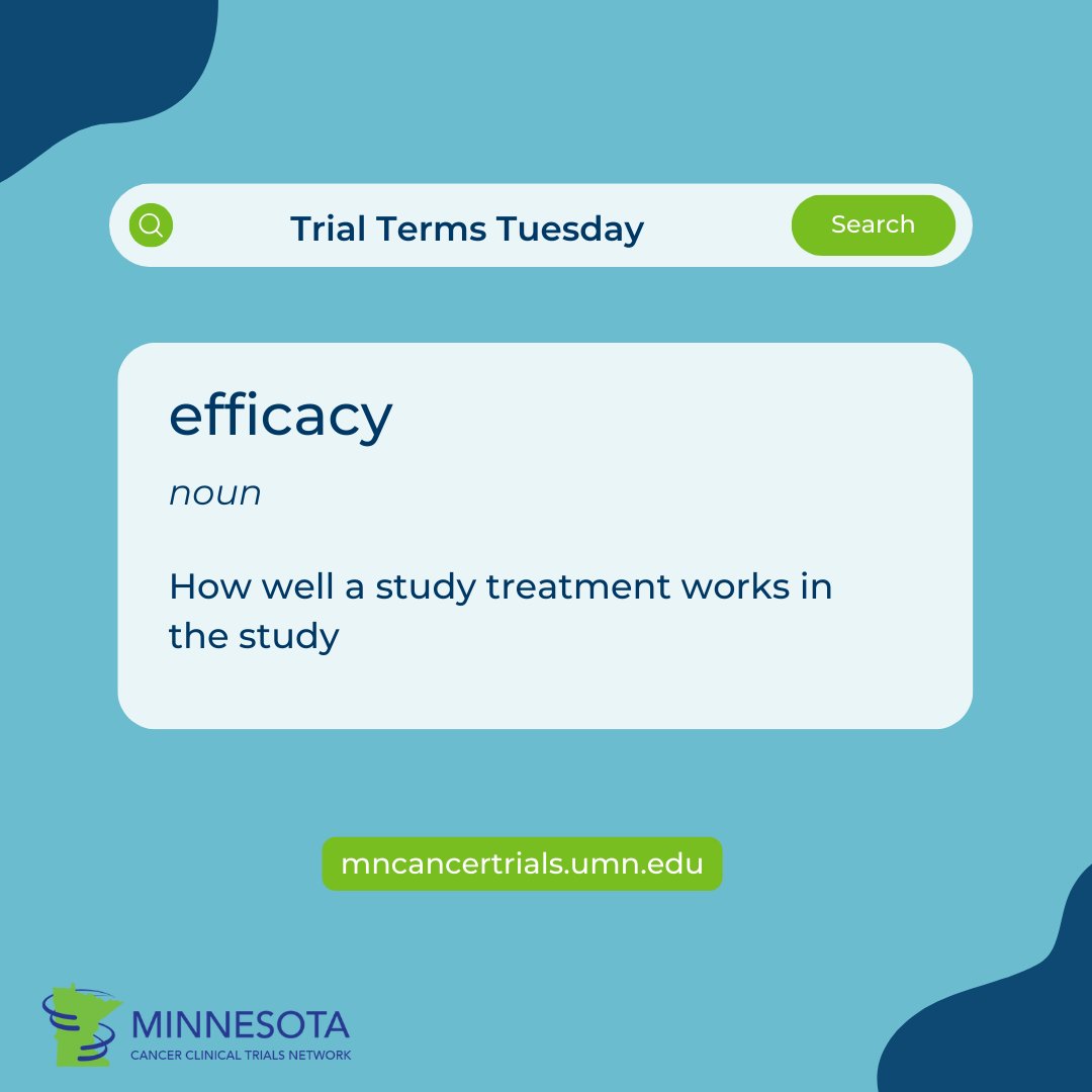 Efficacy describes how well a treatment works in a study's participants. A similar word is effectiveness, which describes how well a treatment works in the real-world population. Check out other terms in the MRCT Center Glossary: mrctcenter.org/clinical-resea… #MNCCTN #TrialTermsTuesday