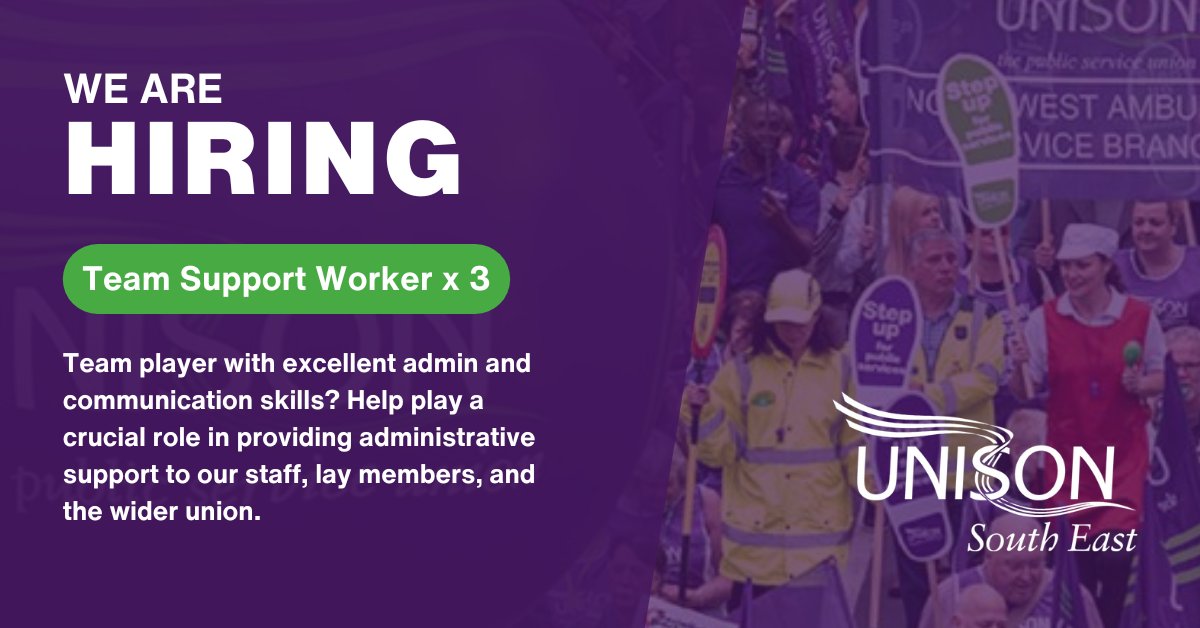 We're on the look out for three Team Support Workers to join our team. Are you a skilled administrator ready to make a difference? This could be the perfect opportunity for you. 📍 Location: Woking 📅 Closing date: 27 May 2024 Apply here: southeast.unison.org.uk/jobs/2024/04/t…