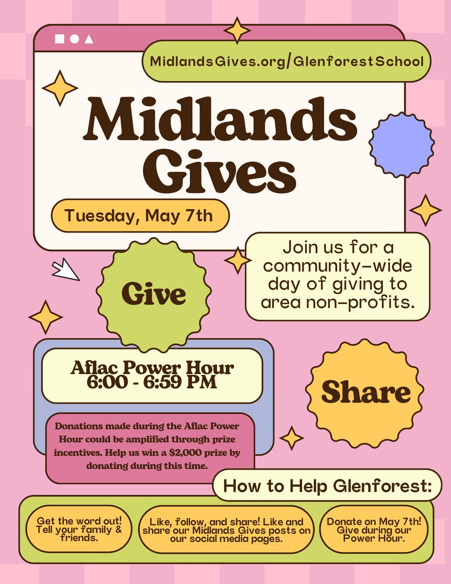 Midlands Gives is next Tuesday! Please keep Glenforest in mind when you are giving. Thanks to The Cheerful Giver, the first $5,000 in donations to Glenforest has been matched!

#TheCheerfulGiver #InvestForImpact #MidlandsGives 

Donate here: MidlandsGives.org/GlenforestScho…