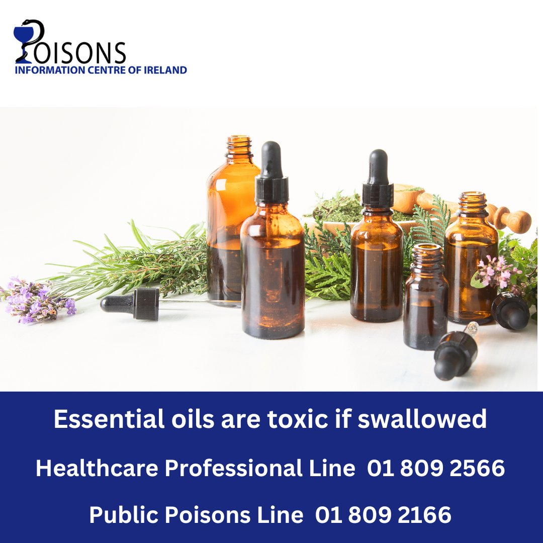 Essential oils are highly toxic by ingestion and can cause vomiting, stomach upset, drowsiness and lung injury if aspiration occurs. Neat oils can cause severe irritation and corneal damage following eye contact. Call @IrelandNpic if poisoning occurs