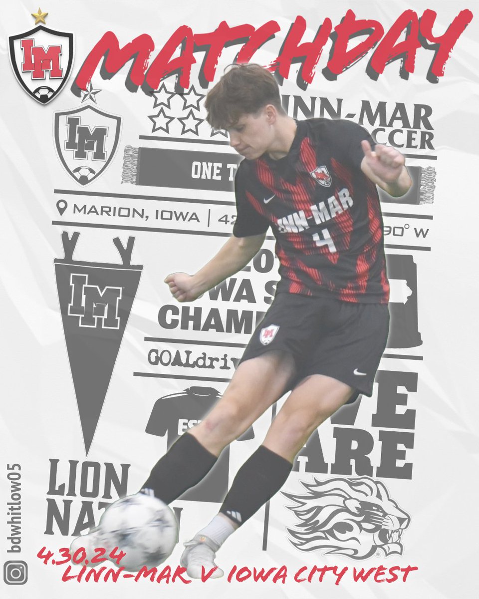 Matchday 1️⃣1️⃣ features the Lions and the Trojans in a top-10 clash... winner stays at the top of the table in the MVC-Valley Division.
⚽ LM vs IC West
🚨TIME CHANGE🚨
⌚ VAR - 5:45pm
⌚ JV1 - 7:30pm
🏟 Linn-Mar Stadium
🎟 shorturl.at/fhkV5 
#GOALdriven 
#IHSAA #iahssoc