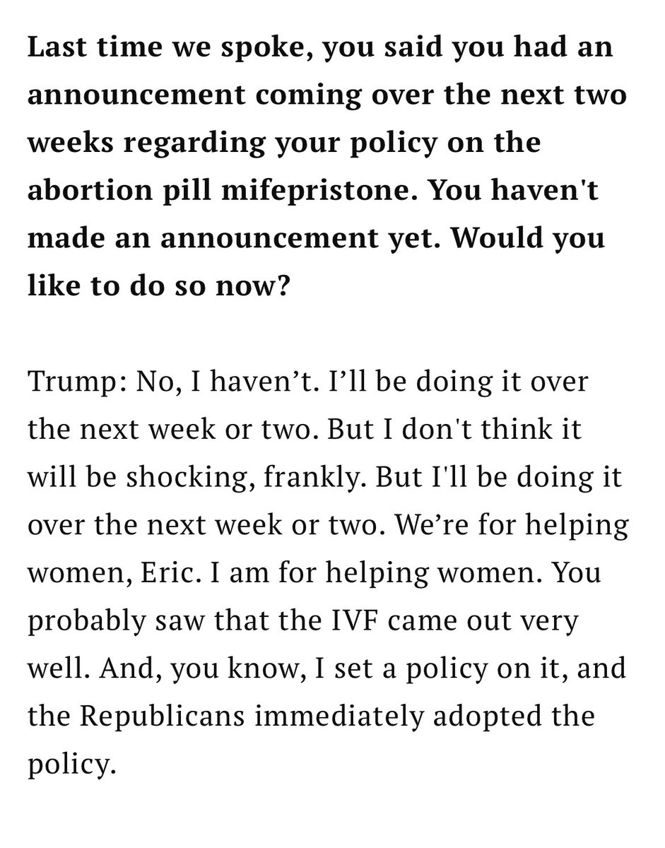 In Time interview, Trump dangled a new announcement regarding using the Comstock Act to sidestep Congress & bar the mailing of drugs used for abortion by mail. 

He twice averted the Q by punting it for 2 weeks — same as he did for Obamacare replacement 
time.com/6972022/donald…