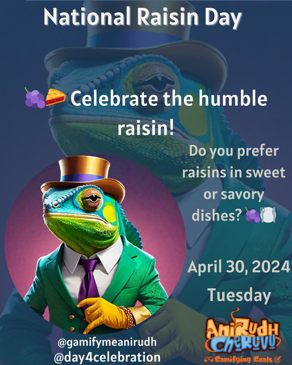 🎉 Happy National Raisin Day! 🍇 Today, let's celebrate these delicious and nutritious dried fruits. Whether you enjoy them as a snack on their own, mixed into your favorite recipes,

#NationalRaisinDay #Raisins #DriedFruit #SnackTime #HealthyEating #Nutritious