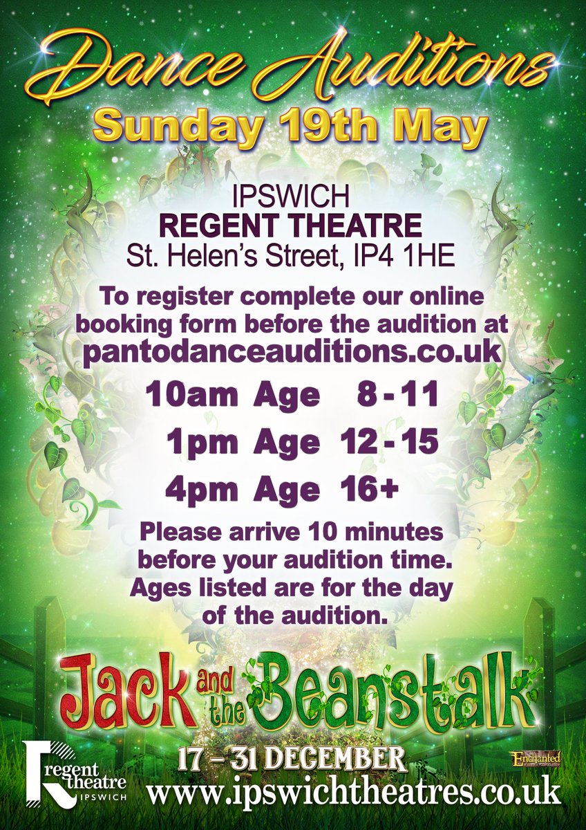 Calling all IPSWICH dancers!💃🕺
Don't miss our JACK &amp; THE BEANSTALK pantomime
dance auditions taking place on Sunday 19th May
<a href="/IpswichRegent/">Ipswich Regent Theatre</a>
See poster below for audition times...
Dancers auditioning need to register at
pantodanceauditions.co.uk
See you all there and good luck! 🤩