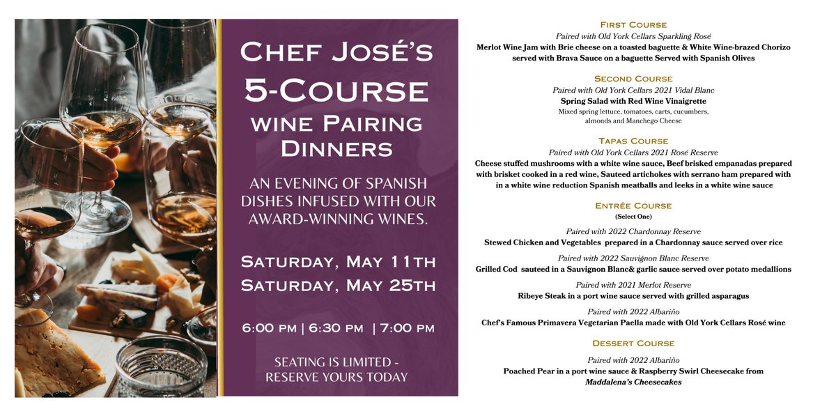 Not only will each dish be paired with one of our wines, but Chef José will be using our wine as an ingredient in each dish. Hosted in our cozy Vista Room - Limited Seating - Reservations required - Some Tables still available - exploretock.com/.../chef-joses…...
