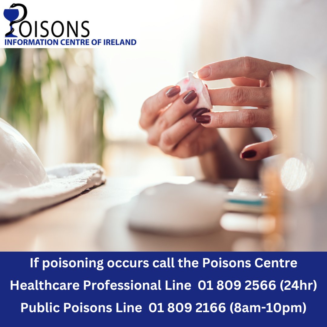 Nail polish removers can contain solvents including acetone, ethyl acetate, isopropyl alcohol & methyl ethyl ketone. If ingested CNS toxicity & GI features can occur & skin/eye exposure can cause irritant effects. Always seek medical advice from @IrelandNpic if poisoning occurs