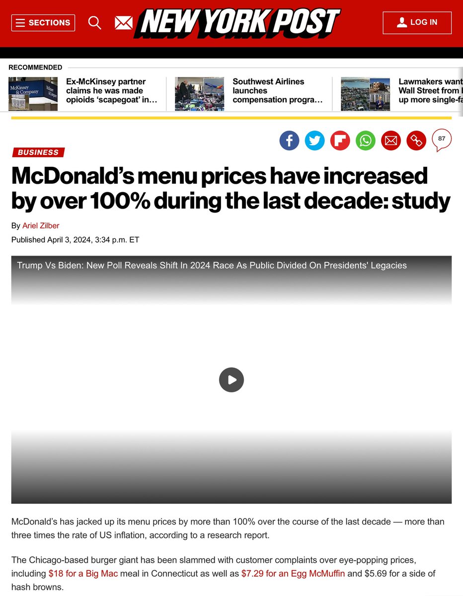 McDonald’s missed earnings today and warned of inflation. 

Stock down $10 pre market.

Meanwhile their prices have doubled in 10 years.  

Maybe stop raising your prices.  

The low end consumer has a limit to what it can handle.
