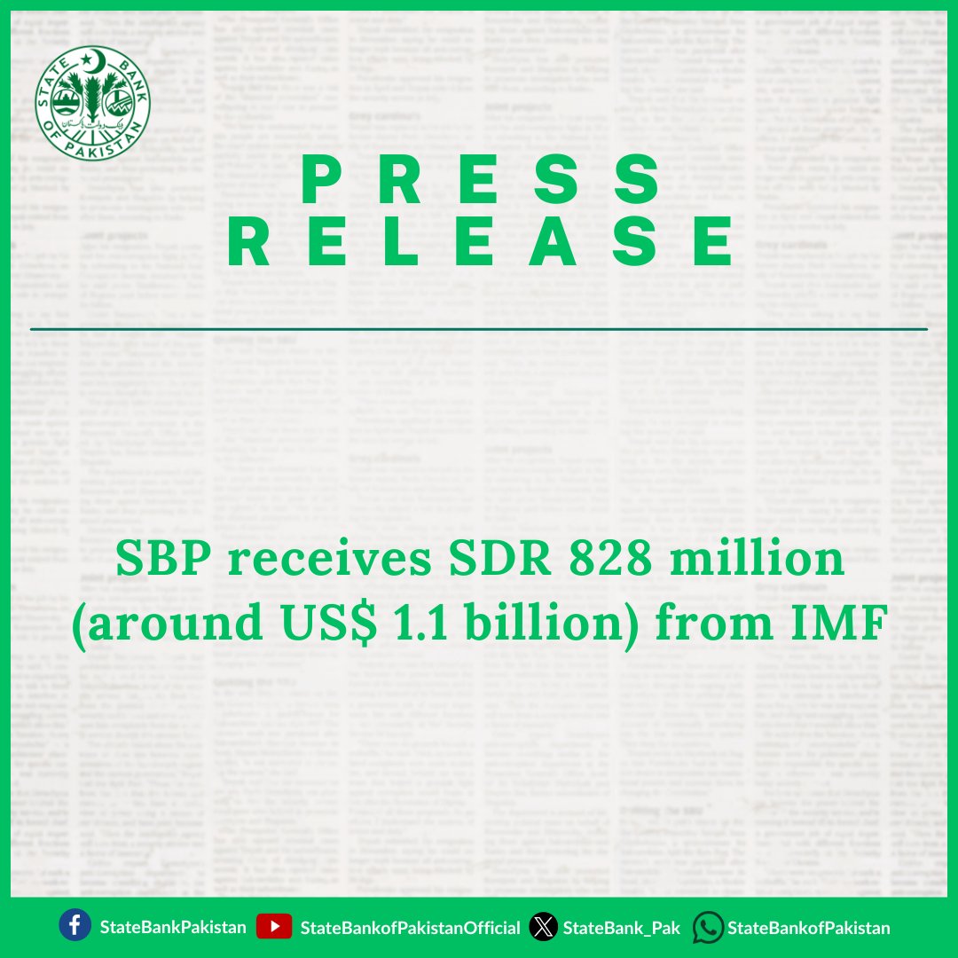 #SBP has received SDR 828 million (around US$ 1.1 billion) from #IMF on April 29, 2024 after the IMF Executive Board completed the second review under the Stand-by Arrangement (SBA). PR: sbp.org.pk/press/2024/Pr-…