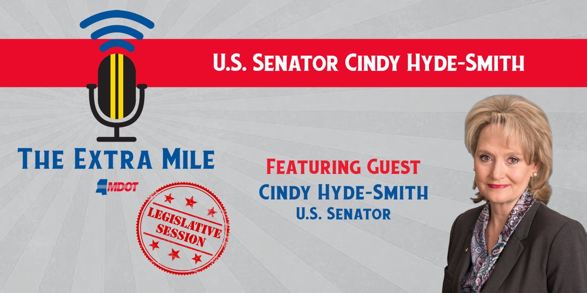 U.S. Senator @SenHydeSmith joined The Extra Mile Podcast to talk her start in politics, THUD Bill funding, January 6, the importance of strong transportation infrastructure and more.

🔊 LISTEN here: bit.ly/3zTKc6L
📺 WATCH here: bit.ly/3OZOzWE
#MSleg #MShwys