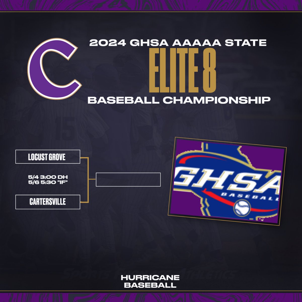 Cartersville will host Locust Grove in the Quarterfinals of the GHSA AAAAA State Baseball Championship Saturday, May 4, in a DH beginning at 3:00PM. The “If” Game is scheduled for Monday, May 6 at 5:30PM.