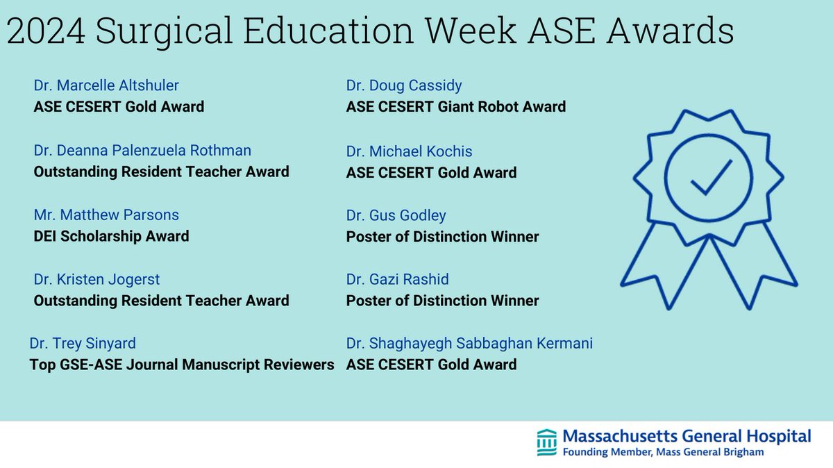 With Surgical Education Week 2024 wrapping up this week, MGH once again had incredibly impressive results with 10 awards 4 presentations & posters, 5 sponsored courses/workshops, and participation in both the SERF program and larger committees. Congratulations to our Awardees!