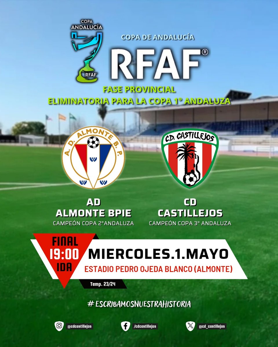Terminada la liga, nos queda aún el premio por levantar la copa.

Nos jugamos una plaza en la Copa Provincial de 1° Andaluza de la próxima temporada frente al campeón de Copa de 2°.

Será una final a doble partido y, primero, la ida será en Almonte.

¡Vamos Castillejos! ❤️💚🤍