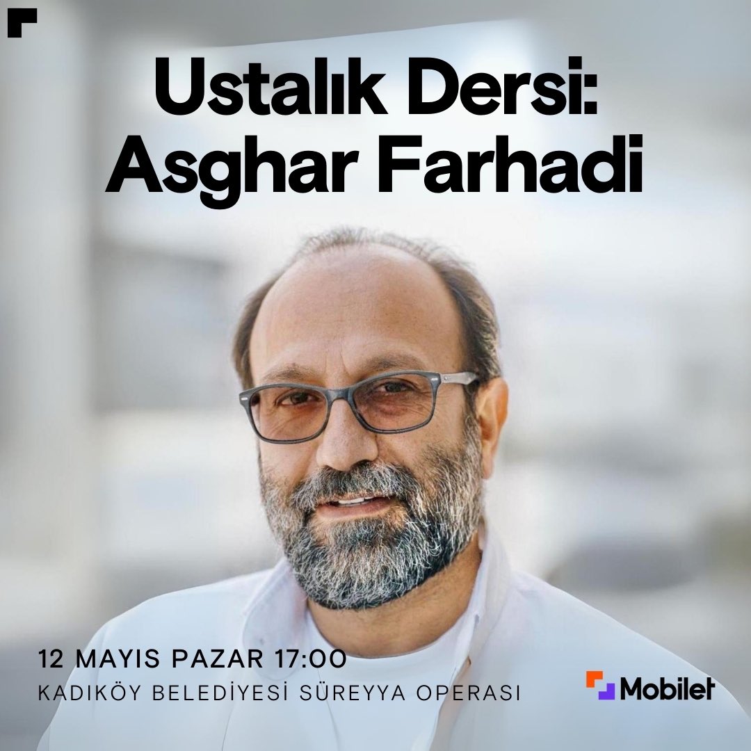 Çağımızın en önemli sinemacılarından İranlı yönetmen Asghar Farhadi, Ustalık Dersi vermek üzere 12 Mayıs’ta Sinematek/Sinema Evi’nde! 🎤 Bu etkinlik kaçmaz diyorsan Mobilet’te yerin hazır! 🎫 @kadikoybelediye #Mobilet #Etkinlik #AsgharFarhadi mobilet.com/tr/event/ustal…