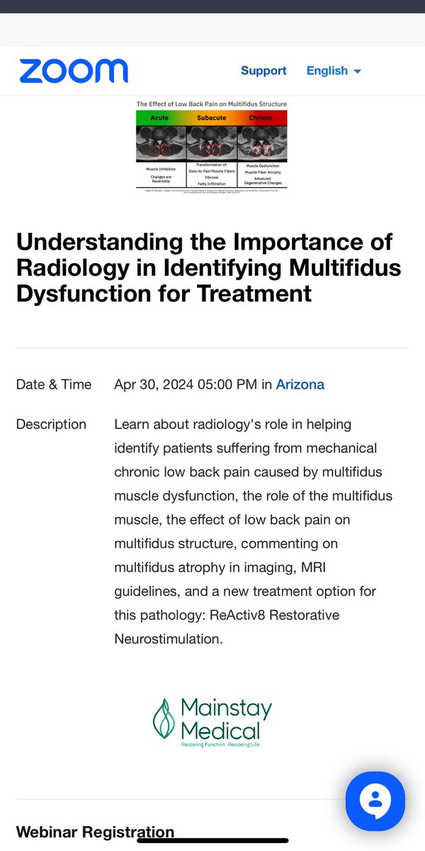TODAY is the @MainstayMedical webinar on multifidus muscle dysfunction in chronic low back pain! Register for FREE! us06web.zoom.us/webinar/regist… 5:00pm Mountain/Pacific Time 8:00pm Eastern Time #Spine #Radiology #LowBackPain
