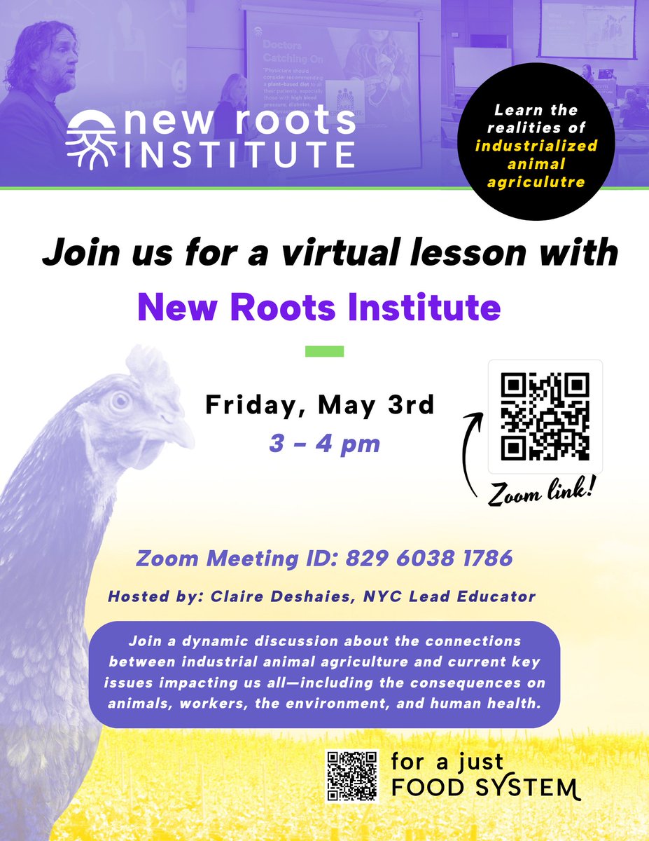 Join us for a virtual lesson with New Roots Institute this Friday, May 3rd from 3:00 - 4:00 PM.

#bmcc #cuny #newrootsinstitute #animalagriculture #environment #humanhealth