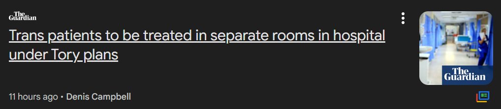 So, basically, trans people get treated as VIP's while the critically sick get pushed out onto the wards Only those 'critically sick' tend to be pensioners, i.e. Tory voters and those aren't exactly loving the NHS at the moment