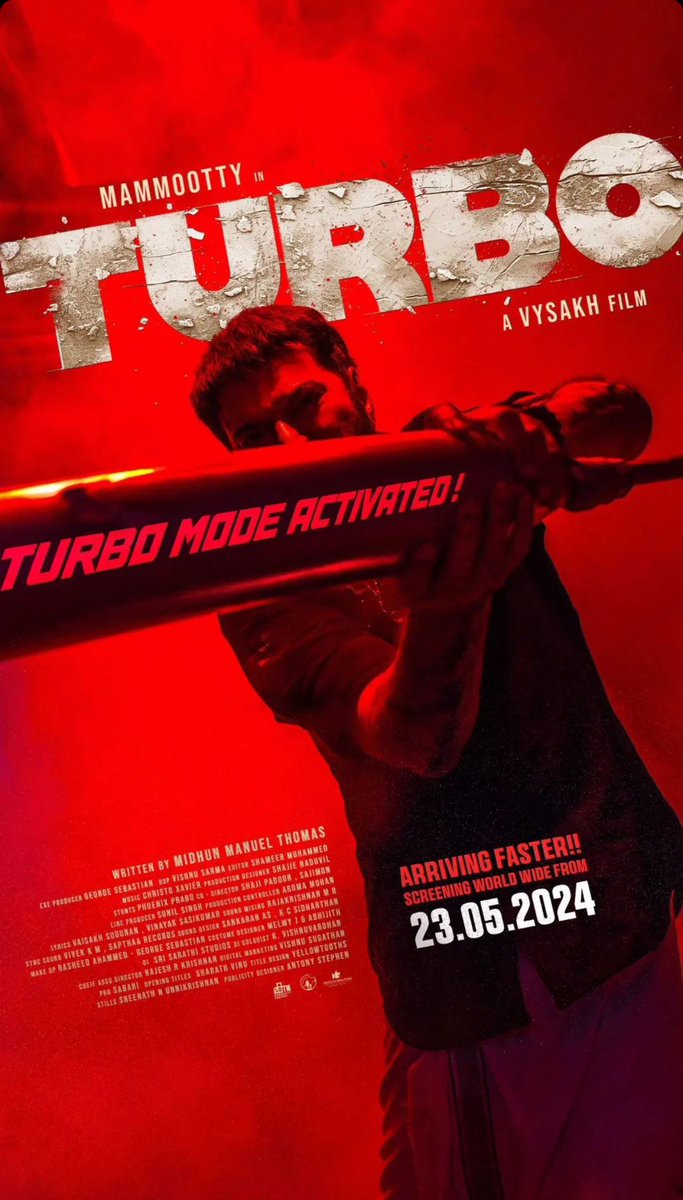 Time to Shift the Gears ⚠️

Turbo Mode Activated 👊🏻

Arriving Sooner than Expected.... 🔥

Turbo Jose Smashing the Screens Worldwide from May 23rd !

#TurboFromMay23 #Mammootty #MammoottyKampany #Vysakh #MidhunManuelThomas #SamadTruth #TruthGlobalFilms #WayfarerFilms