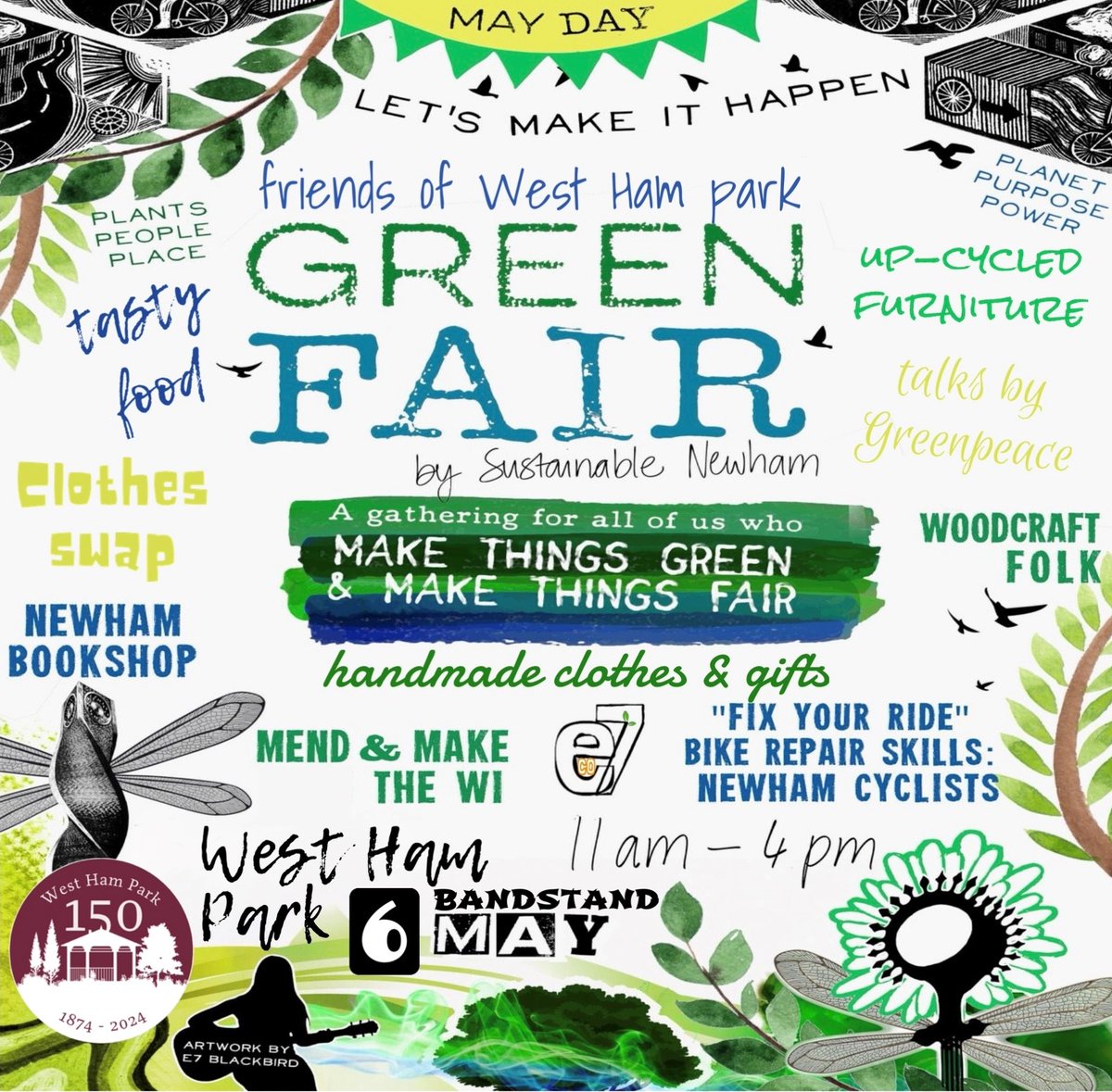 The Green Fair is coming to West Ham Park on Monday 6 May. Organised by @Sustainablenewham. All welcome to this free event from 11am -4pm around the bandstand. #WestHamPark150