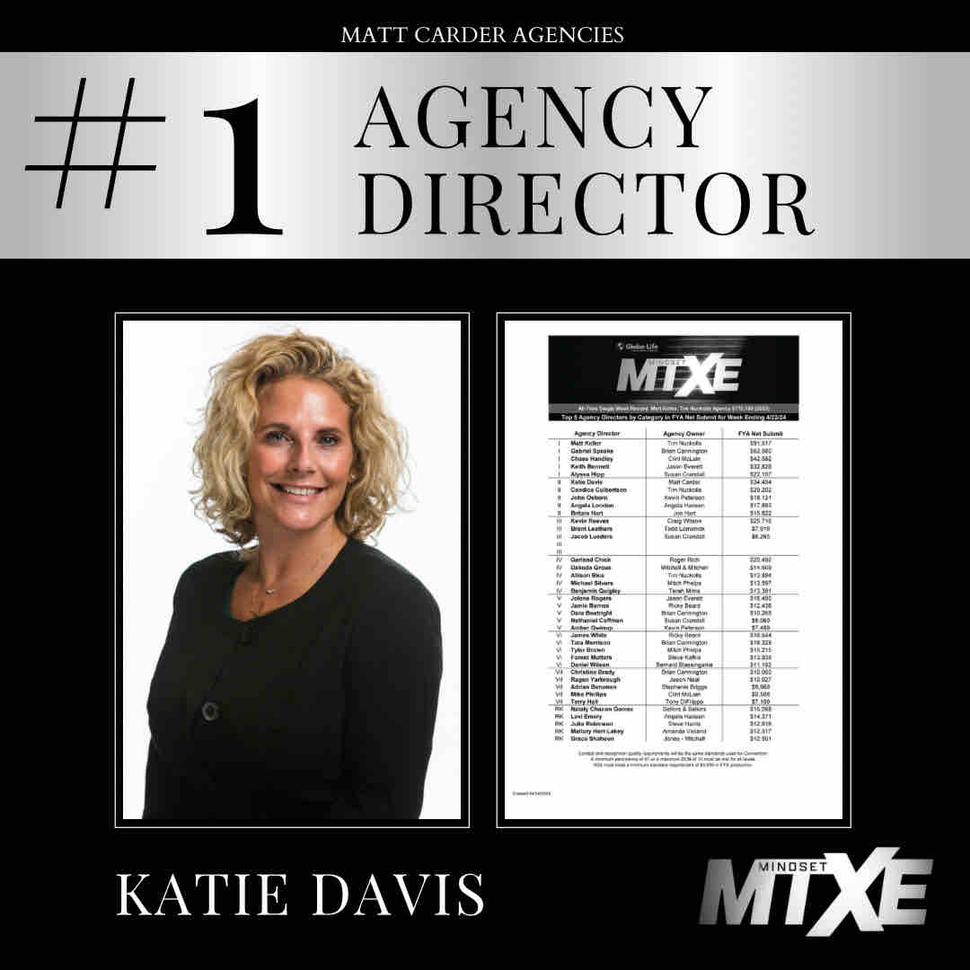 Wow 🤩 guess who is number one! Congratulations Katie on being #1 in your category for AD!!! #MattCarderAgencies