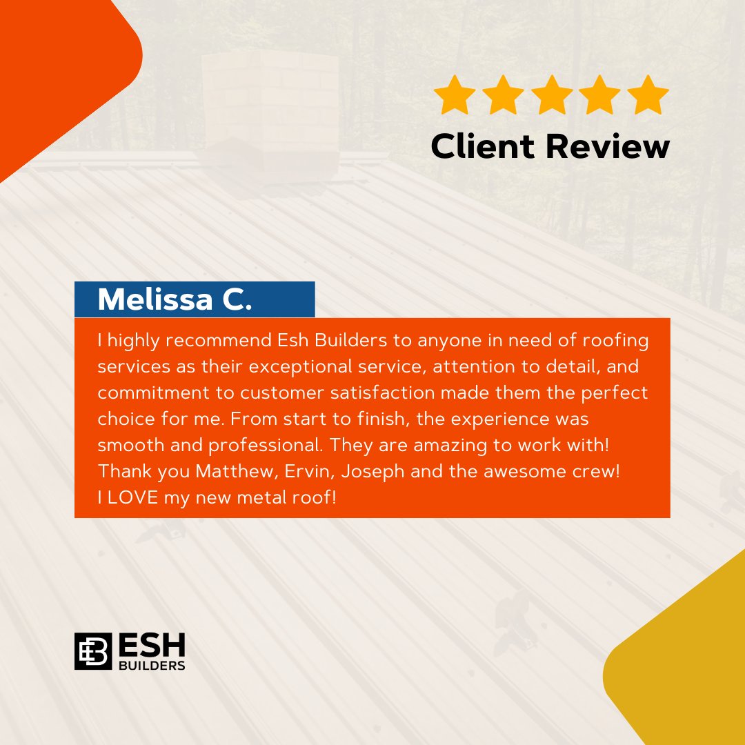 We're thrilled to know that you love your new metal roof and that we met your expectations. Thank you for choosing Esh Builders! ✨

#roof #newroof #eshroofing