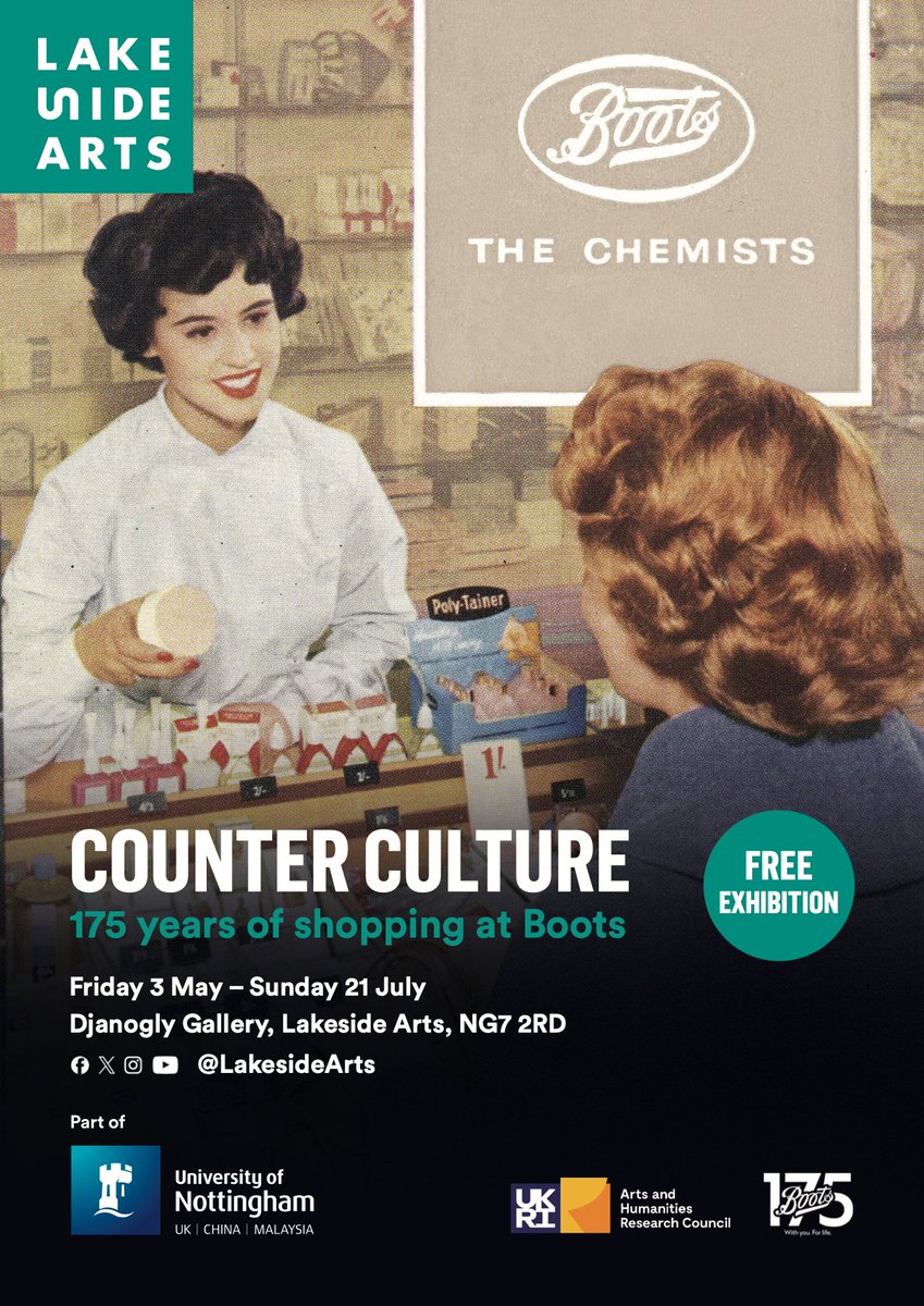 🌟 Exciting news, Nottingham! 🌟 'Counter culture: 175 years of shopping at Boots' opens at @LakesideArts this week! Huge thanks to @Hornsey_HQ and Boots Archive for curating. Join us for research talks, tours, and gallery events led by @dr_hlfoster. Gallery admission is FREE!