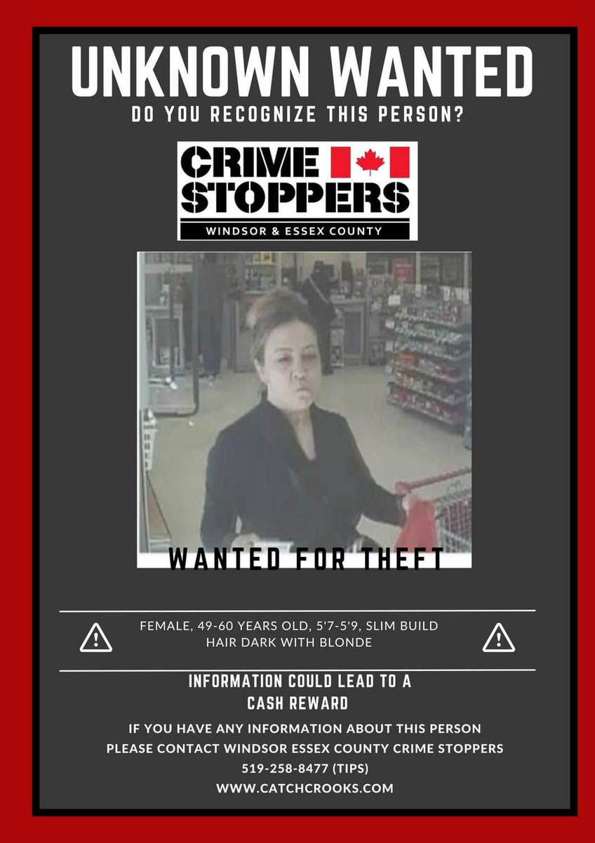 'TIP TUESDAY' Windsor & Essex County Crime Stoppers is asking the public to provide any information to help identify this female who is wanted for Theft Under $5000. If you recognize this female, submit a tip online at catchcrooks.com or call us 519-258-8477 (TIPS)