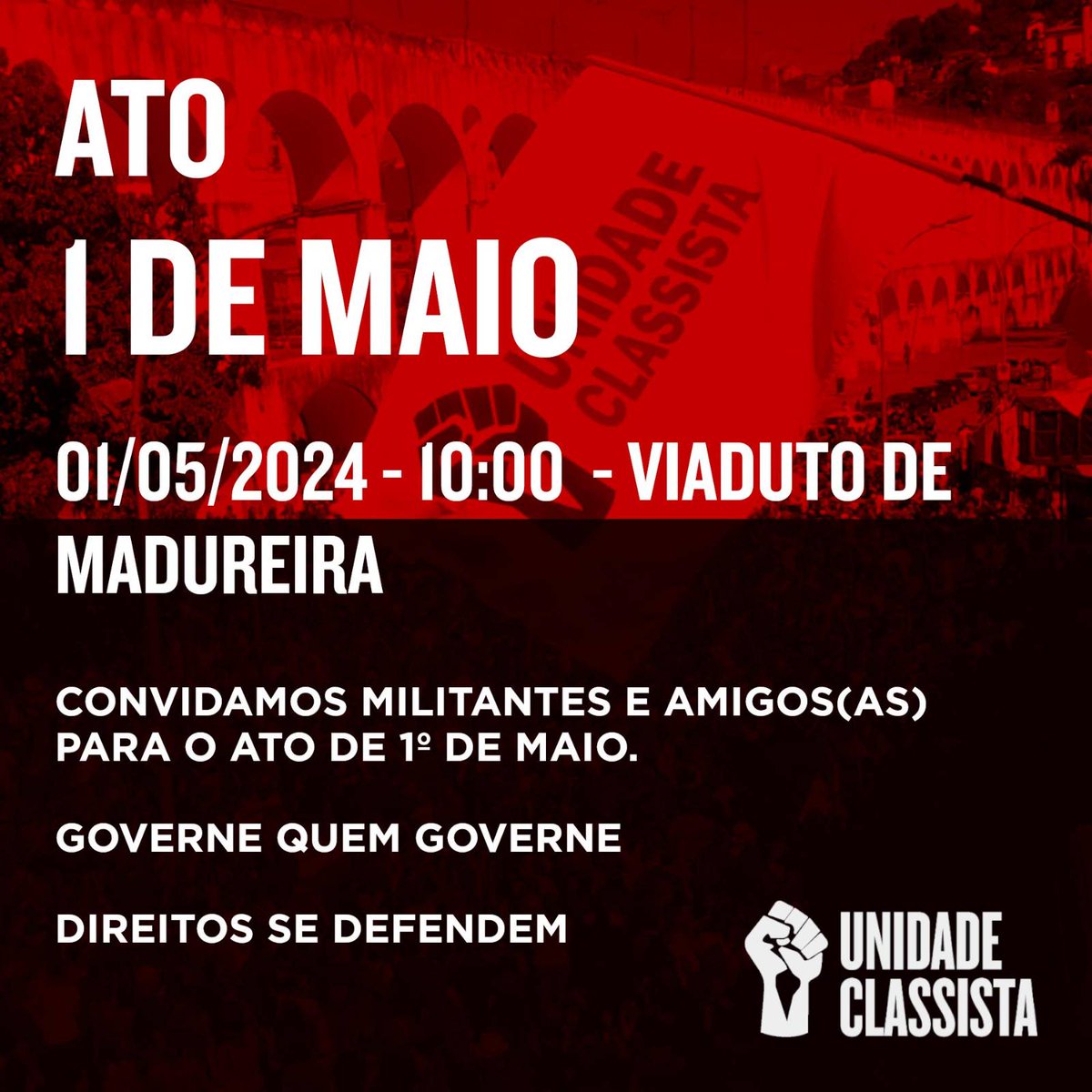 ucrjti's tweet photo. Camaradas,
Neste 1 de Maio de luta dos trabalhadores, mais uma vez iremos às ruas para saudar a nossa classe e reinvindicar nossos direitos duramente conquistados. Chamamos a todos para se unirem ao Ato, que sairá às 10h do Viaduto de Madureira até a Praça Paulo Portela. https://t.co/G0QPYvKSxj