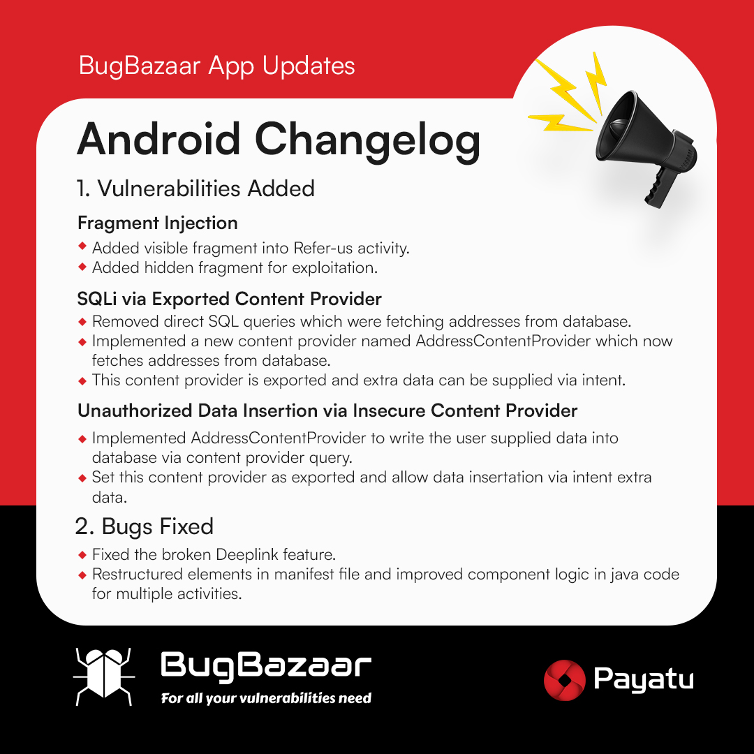 Payatu (@payatulabs) on Twitter photo Learning Mobile app pentesting just got better!
Check out BugBazaar & iBugBazaar for fresh vulnerabilities & challenges added by our <a href="/bit3threat/">amit-parjapat</a>, <a href="/hackersden_/">Kapil Gurav</a>, <a href="/h1_squirtle/">Vedant</a> & Akshay.
BugBazaar ➡️ lnkd.in/gkqwbYx8
iBugBazaar ➡️ lnkd.in/gRaMRdN8 Learning Mobile app pentesting just got better!
Check out BugBazaar & iBugBazaar for fresh vulnerabilities & challenges added by our <a href="/bit3threat/">amit-parjapat</a>, <a href="/hackersden_/">Kapil Gurav</a>, <a href="/h1_squirtle/">Vedant</a> & Akshay.
BugBazaar ➡️ lnkd.in/gkqwbYx8
iBugBazaar ➡️ lnkd.in/gRaMRdN8