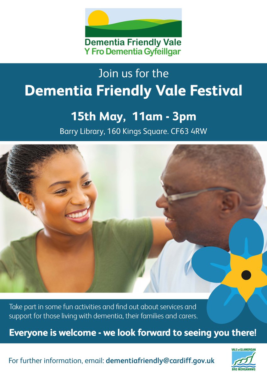 Join us for a Dementia Friendly Cardiff Festival on 17th May and a Dementia Friendly Vale Festival on 15th May, as part of Dementia Action Week. An opportunity for people with dementia and carers to find out more about services available and to enjoy some fun activities!