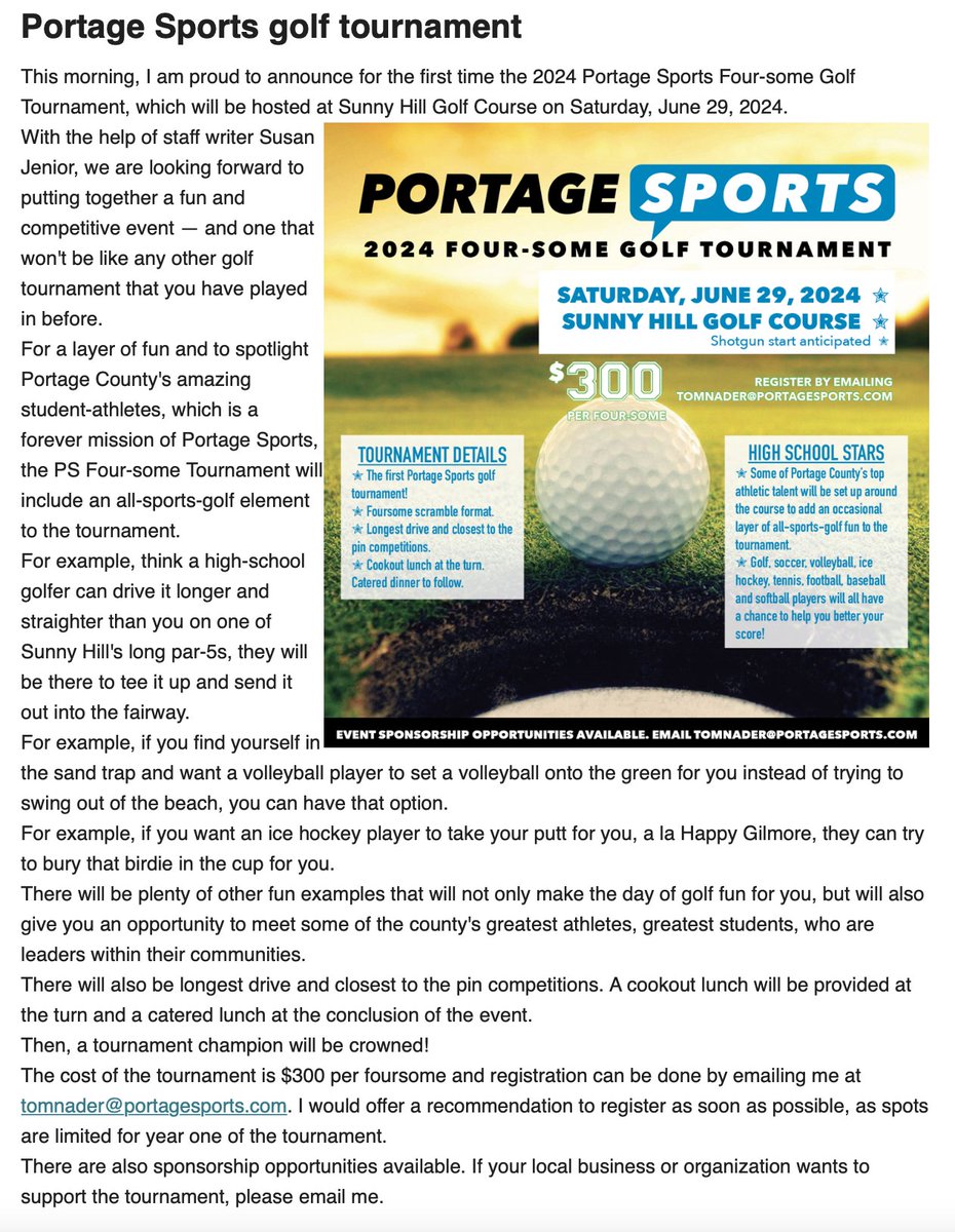 I am proud to introduce the first Portage Sports Four-some Scramble Golf Tournament!

Saturday, June 29, 2024, at Sunny Hill Golf Course.

The tournament will include some all-sports-battle fun, too!
Read more about it and register quick — as spots are limited.