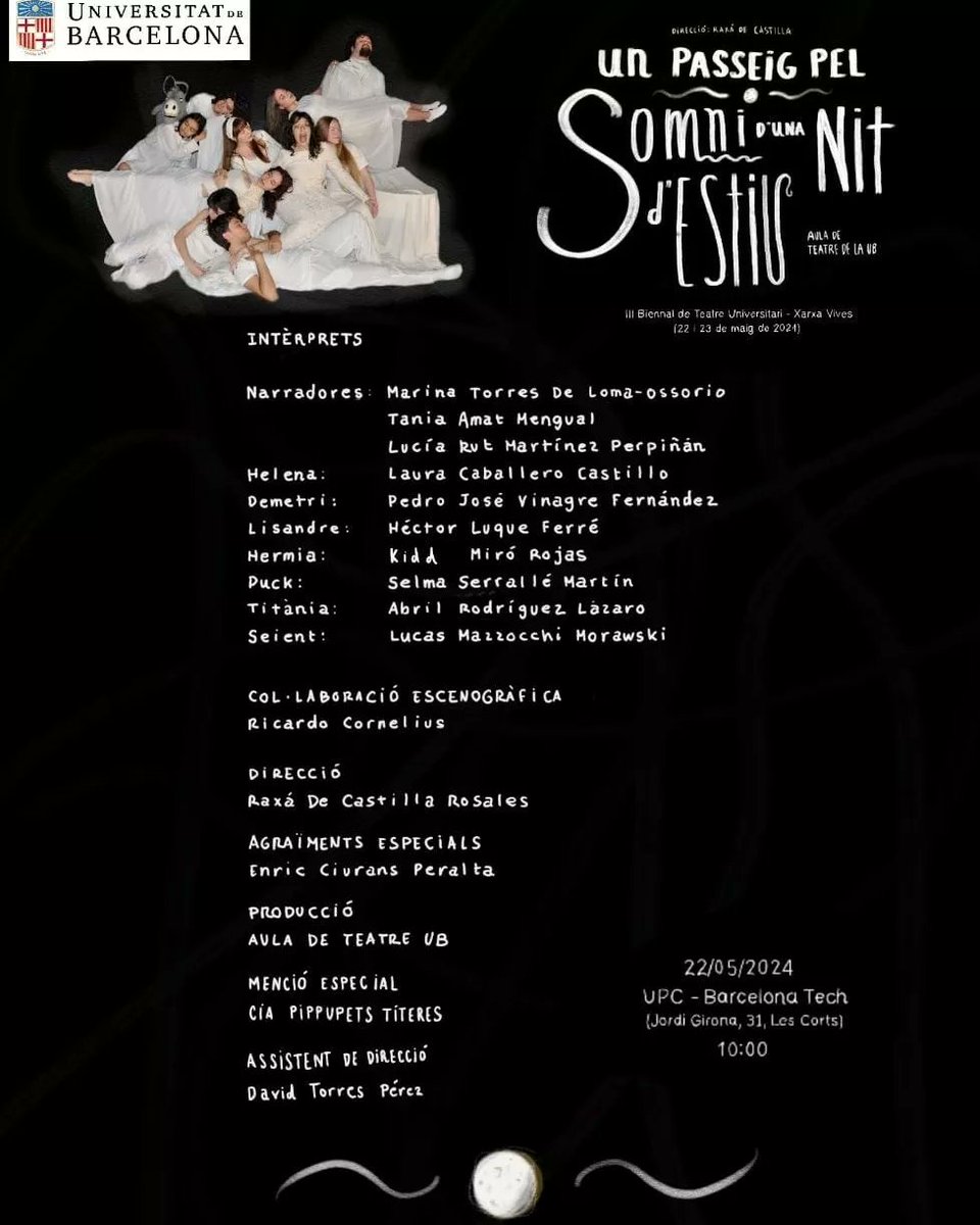 El proper dimecres 22 de maig l'Aula de Teatre de la UB estrena "Un passeig pel Somni d’una nit d’estiu".
Més informació a: ub.edu/cultura/activi…

Us hi esperem ✨✨✨✨