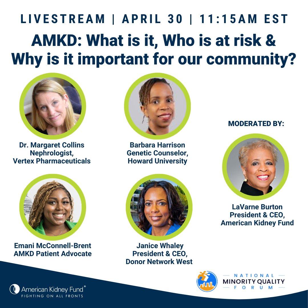 Don’t miss today’s session on AMKD at the @NMQF Leadership Summit! Watch the livestream to hear about how genes impact kidney health from AKF President and CEO LaVarne Burton and panelists. Tune in and be #APOL1Aware: bit.ly/44jNcdv