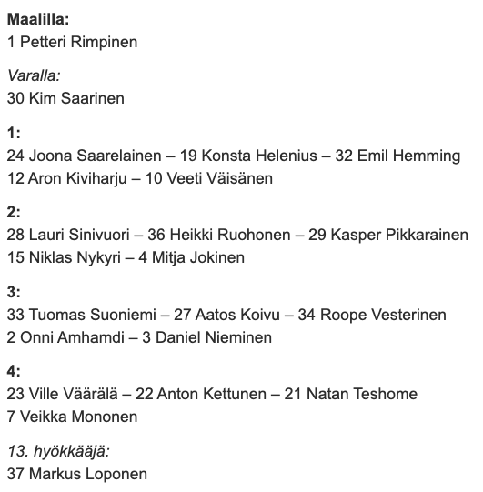 Finland's lineup for today's important group stage closer versus USA. Petteri Rimpinen gets the nod in net. #U18Worlds